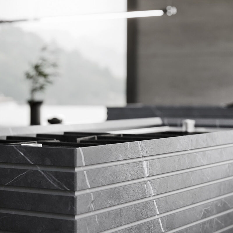 Cuisine extérieure Modulnova Project N°2 en pierre Graphite Raw, céramique et bois