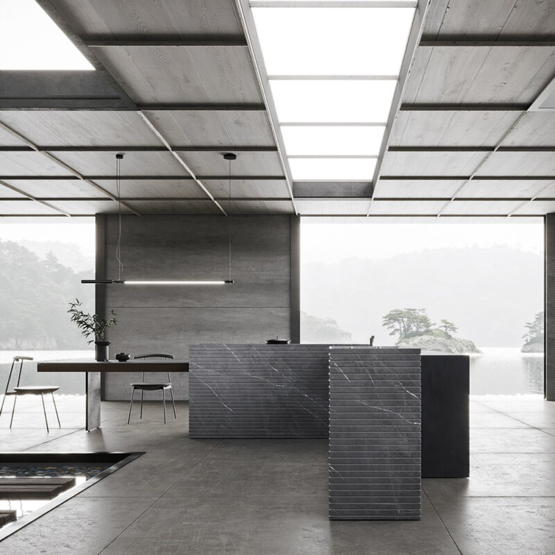 Cuisine extérieure Modulnova Project N°2 en pierre Graphite Raw, céramique et bois