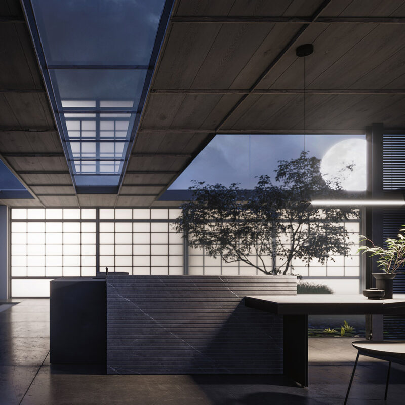 Cuisine extérieure Modulnova Project N°2 en pierre Graphite Raw, céramique et bois