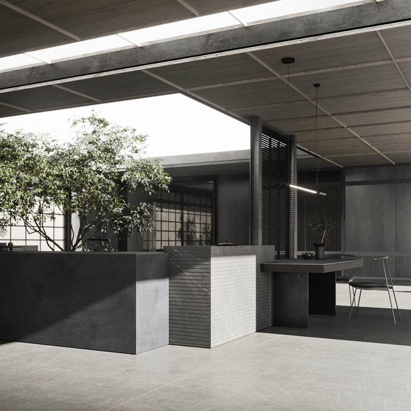 Cuisine extérieure Modulnova Project N°2 en pierre Graphite Raw, céramique et bois