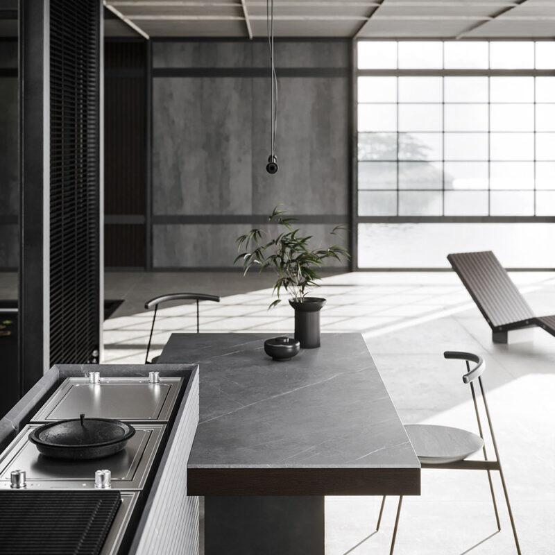 Cuisine extérieure Modulnova Project N°2 en pierre Graphite Raw, céramique et bois