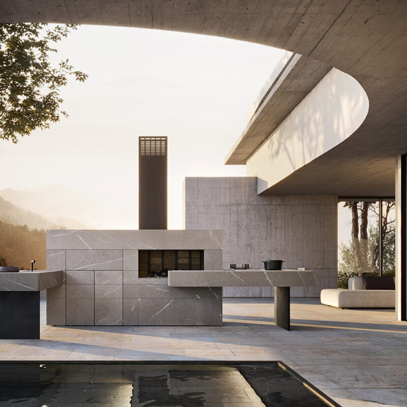 Cuisine extérieure Modulnova Project N°6 en pierre Piasentina flammée